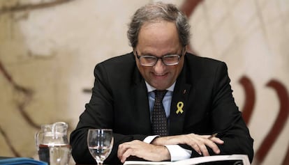 El presidente de la Generalitat, Quim Torra, esta mañana en la reunión semanal del Govern de la Generalitat.