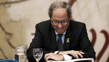 El presidente de la Generalitat, Quim Torra, esta mañana en la reunión semanal del Govern de la Generalitat.