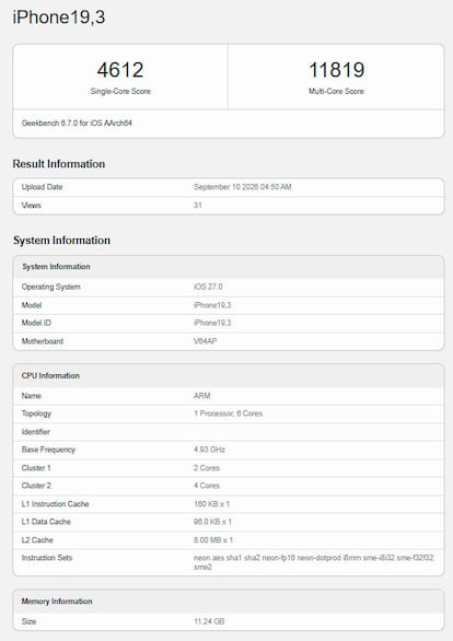 iPhone 18 Pro Max en Geekbench