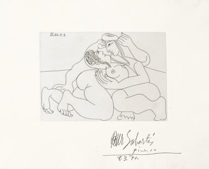 Rafael y la Fornarina: solos, abrazados en el suelo (1968), de Picasso.