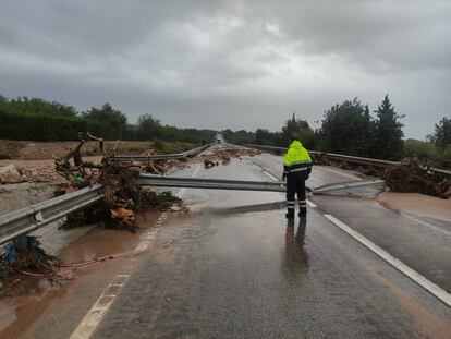 Un agente de los Mossos d'Esquadra observa una carretera afectada por la dana, este domingo.