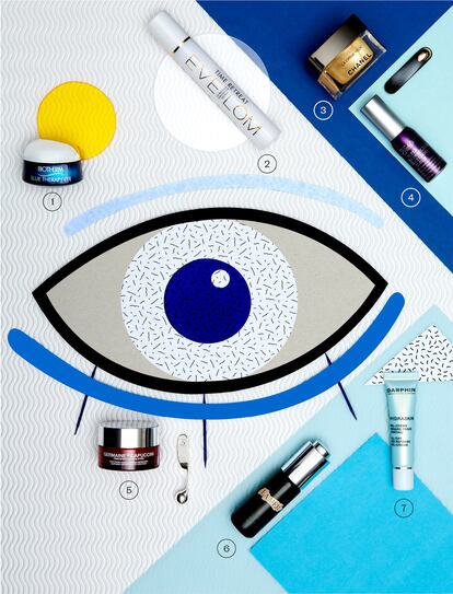 1. Blue Therapy Eye, de Biotherm. 49,40 euros. Acción regeneradora, reestructurante y calmante. /2. Time Retreat Eye Treatment, de Eve Lom. 70 euros. El extracto de avena enriquecido con retinol reduce las arrugas y proporciona un efecto tensor inmediato. /3. Sublimage La Crème Yeux, de Chanel. 156 euros. Complejo drenante que estimula la microcirculación. /4. Super Multi Corrective Eye Opening Serum, de Kiehl’s. 44 euros. Con extractos vegeta-les y minerales iluminadores. /5. Timexpert Lift(in) Eyes, de Germaine de Capuccini. 42,95 euros. Aumenta la síntesis de colágeno y elastina. /6. The Lifting Eye Serum, de La Mer. 215 euros. Suero con activos de algas rojas que fortalece, repara y tensa ojos y cejas. /7. Hydraskin Gel Crema, de Darphin. 30 euros. Refresca y descongestiona la zona.