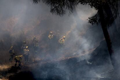  Un retén del Infoca actúa en las cercanías del Parador Nacional para apagar un rebrote del incendio.