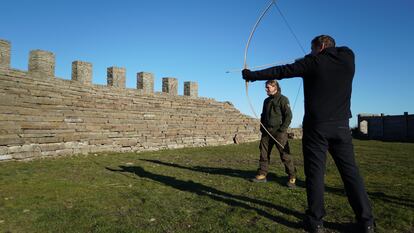 Picture shows: Archery experiment to reveal the origins of weaponry found at Sandby Borg