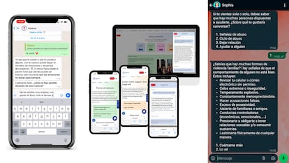 De izquierda a derecha, los chatbots Violetta A.C, AinoAid; Prevención y psicoeducación de la violencia, y Sophia Chat.