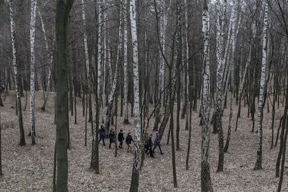 Un grupo de personas caminan entre los árboles del jardín privado de Yanukóvich, 22 de febrero de 2014.