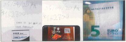 Una imagen encontrada en el teléfono de Rosario D'Onofrio muestra una tarjeta de visita de un local de Badalona para recoger el dinero, y una contraseña que corresponde con la numeración de un billete de cinco euros.