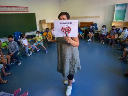 El aula de Milan en el colegio Paderborn, en Pamplona, en el primer día de clase.