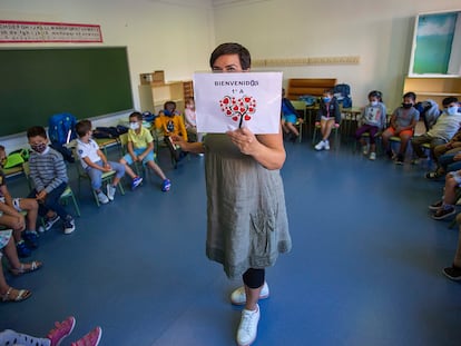 El aula de Milan en el colegio Paderborn, en Pamplona, en el primer día de clase.