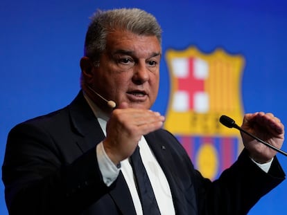 El presidente del FC Barcelona, Joan Laporta, durante una rueda de prensa.