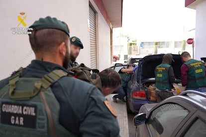 Detención de uno de los presuntos integrantes de la banda desarticulada en la Operación Plumajero, en una imagen facilitada por la Guardia Civil.