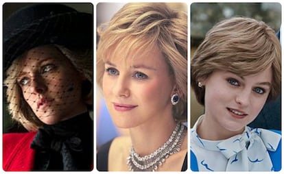 Desde la izquierda, Kristen Stewart, Naomi Watts y Emma Corrin, como la princesa Diana de Gales.