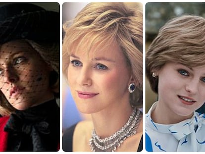 Desde la izquierda, Kristen Stewart, Naomi Watts y Emma Corrin, como la princesa Diana de Gales.