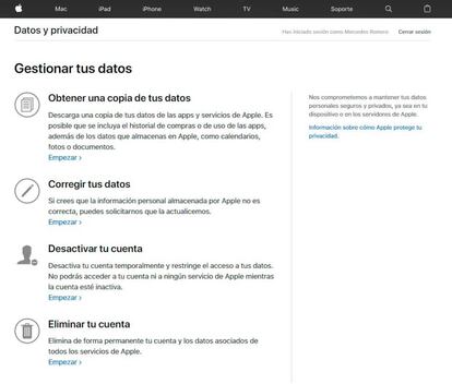 En la primera opción podemos descargar los datos que guarda Apple