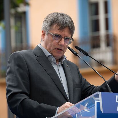 Carles Puigdemont, expresidente de la Generalitat, durante un acto de campaña de Junts para las elecciones europeas, el pasado 7 de junio en Colliure (Francia).