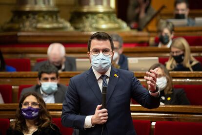 El presidente de la Generalitat, Pere Aragonès, en la sesión de control del pleno del Parlament.