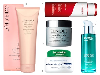 1. Anticelulítica Advanced Body Creator XL, de Shiseido. 2. Anticelulítica Body Fit, de Clarins. 3. Exfoliante Corporal Sparkle Skin, de Clinique. 4. Reductora y anticelulítica Intensiva 7 Noches, de Somatoline Cosmetic. 5. Super Bust Tense In Serum, de Biotherm.