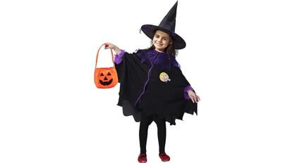Disfraz para niñas Halloween, capa de bruja con cesto de calabaza.