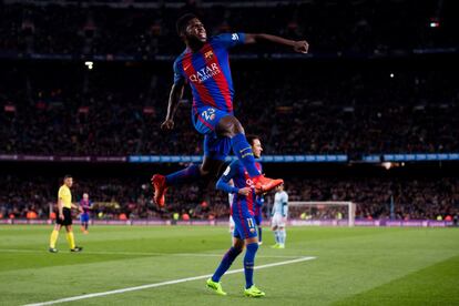 Samuel Umtiti celebra su gol.