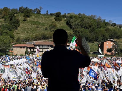 Matteo Salvini, líder de la Liga, durante la fiesta del partido en Pontida (Lombardía).