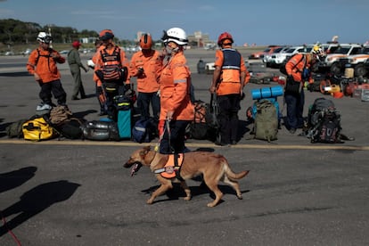Un miembro de Protección Civil venezolana camina con un perro de rescate mientras esperan para partir a México para ayudar con la misión de rescate, el 20 de septiembre de 2017.  
