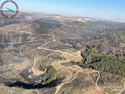 Imagen aérea de la zona quemada tras el incendio de Ateca.