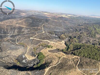 Imagen aérea de la zona quemada tras el incendio de Ateca.