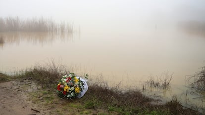 Un ramo de flores en el lago donde fallecieron dos militares durante unas prácticas en la base militar de Cerro Muriano (Córdoba).