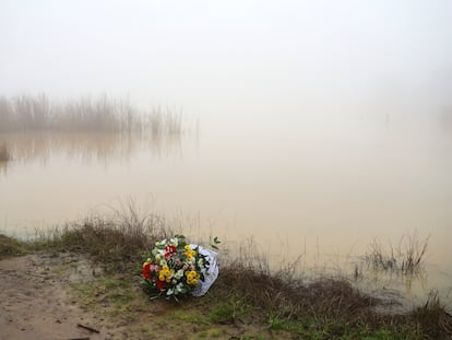 Un ramo de flores en el lago donde fallecieron dos militares durante unas prácticas en la base militar de Cerro Muriano (Córdoba).