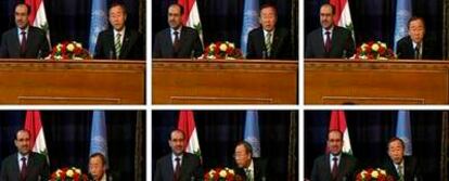 Una serie de imágenes de vídeo muestra la reacción de Ban Ki-moon (derecha) y Nuri al Maliki tras producirse una explosión durante su rueda de prensa.
