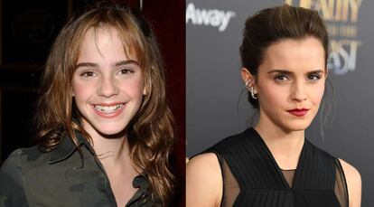 Emma Watson em novembro de 2002 e, à direita, o 14 de março de 2017.