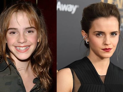 Emma Watson em novembro de 2002 e, à direita, o 14 de março de 2017.