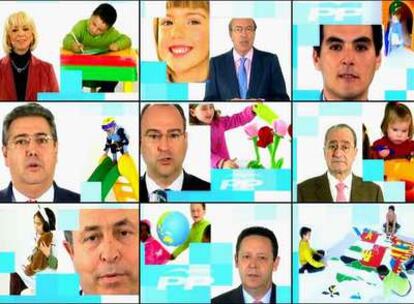 Los candidatos a alcaldes del PP en distintos fotogramas del vídeo de promoción del Estatuto, siempre con niños en el fondo.