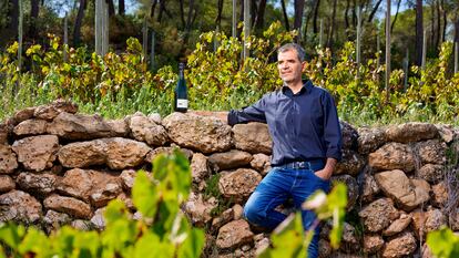 Ton Mata, consejero delegado de Recaredo, en la viña Turó d'en Mota, con la botella Enoteca 1999. Imagen proporcionada por la bodega.