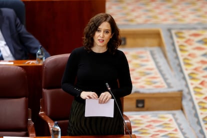 La presidenta de la Comunidad de Madrid, Isabel Díaz Ayuso, en la Asamblea regional.