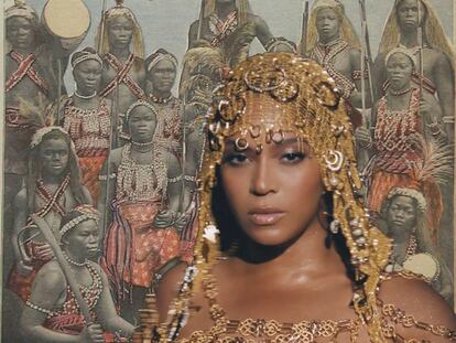 Al fondo, una ilustración de las amazonas Dahomey; al frente, Beyoncé en un momento de 'Black is king'.