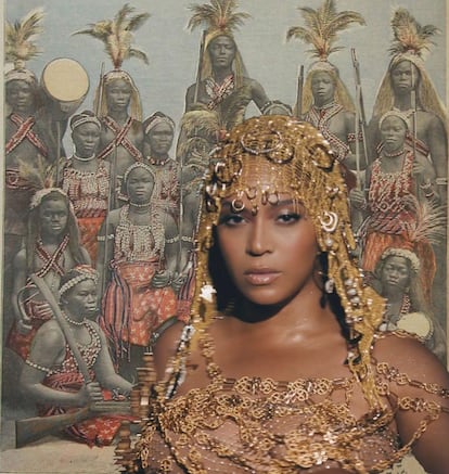 Al fondo, una ilustración de las amazonas Dahomey; al frente, Beyoncé en un momento de 'Black is king'.