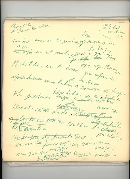 Entre los papeles del puño y letra del genial poeta chileno, encontramos los versos que dan título al libro: "Tus pies toco en la sombra, tus manos en la luz / y en el vuelo me guían tus ojos aguilares / Matilde, con los besos que aprendí de tu boca / aprendieron mis labios a conocer el fuego".