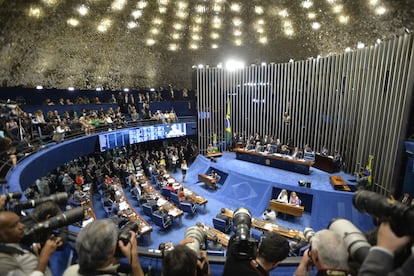 Vista de la cámara del Senado brasileño, donde Dilma Rousseff presenta sus alegatos finales. 