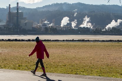 Una mujer pasea este martes frente a la fábrica de celulosa Ence, en Pontevedra.