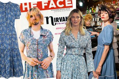 El uniforme feminista. De izquierda a derecha., vestido de Ulla Johnson (650 €); Kurt Cobain en la portada de la revista The Face (1993), con un vestido de flores –el líder de Nirvana rechazó desde su adolescencia el estereotipo de 'macho' y declaró públicamente su oposición al sexismo–; la modelo Karlie Kloss (en enero de 2019), con un diseño casi idéntico; y presentación de la colección p-v 2019 de Batsheva.