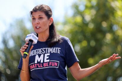 Republican presidential candidate Nikki Haley delivers a speech at the Iowa State Fair in Des Moines, Iowa, U.S. August 12, 2023.