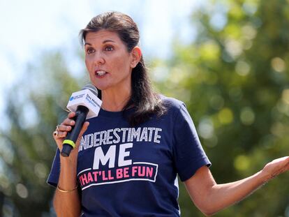 Republican presidential candidate Nikki Haley delivers a speech at the Iowa State Fair in Des Moines, Iowa, U.S. August 12, 2023.