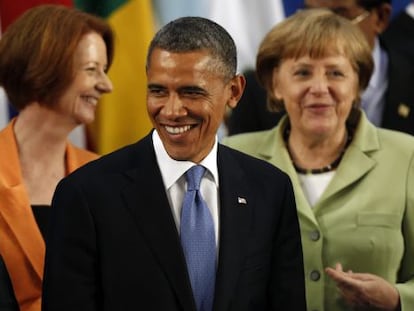 El presidente de Estados Unidos, Barack Obama, la canciller de Alemania, Angela Merkel (a la derecha), y la primera ministra de Australia, Julia Gallard