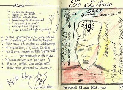 Una de las páginas del cuaderno de viaje de Henry, que llenaba con dedicatorias de los <b><i>chefs</b></i> que visitaba.