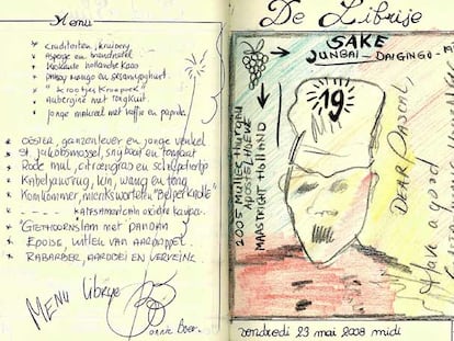 Una de las páginas del cuaderno de viaje de Henry, que llenaba con dedicatorias de los <b><i>chefs</b></i> que visitaba.
