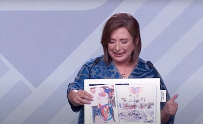 Xóchitl Gálvez muestra una foto de Claudia Sheinbaum vistiendo una falda con la imagen de la Virgen de Guadalupe.