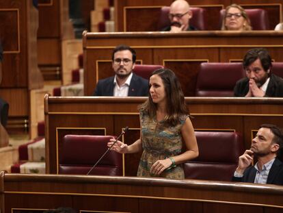 Ione Belarra, entonces portavoz parlamentaria de Unidas Podemos, interviene en el Congreso en 2019.