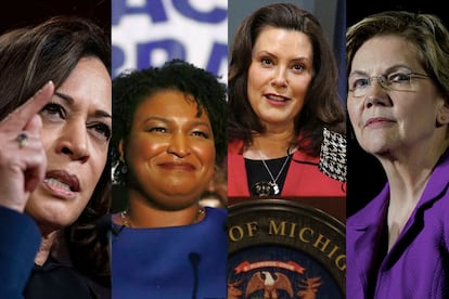 A partir da esquerda: Kamala Harris, Stacey Abrams, Gretchen Whitmer e Elizabeth Warren.