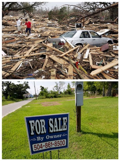 <B>107.379 casas inundadas. </B>El 80% de la superficie de Nueva Orleans quedó inundada. Un total de 107.379 casas quedaron anegadas y 26.965 sufrieron daños por el impacto del viento. En la imagen, dos personas caminan entre los escombros de su casa, en septiembre de 2005 y el mismo lugar, en julio de 2015.